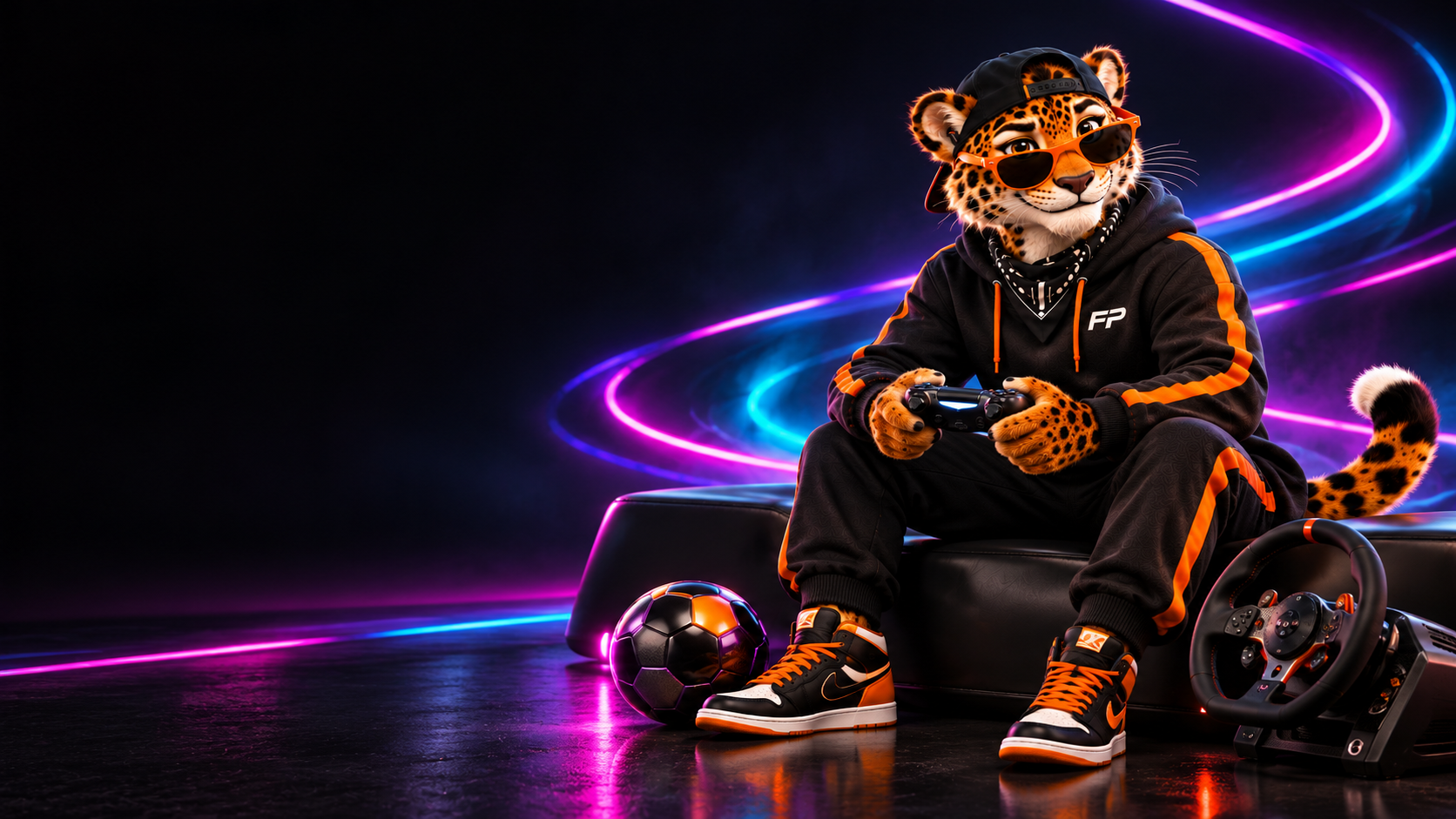 JAGO, un jaguar gamer, con balón, control y volante de carreras